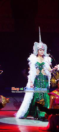 Chinese Lishui Jinsha Dai Nationality Dance Green Dress Ethnic Wedding Stage Performance Costume and Headpiece for Women