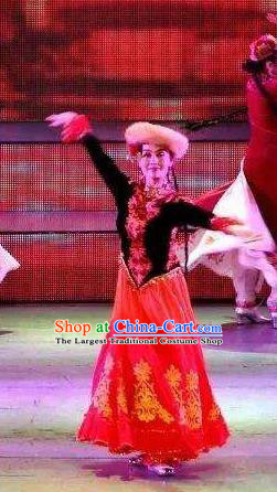 Chinese Turpan Festival Uyghur Nationality Dance Red Dress Stage Performance Ethnic Costume and Headpiece for Women