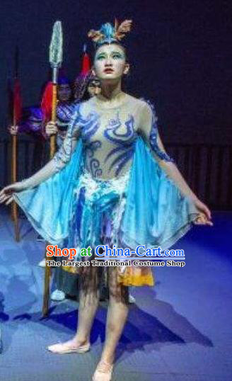 Chinese Shapotou Celebration Folk Dance Blue Dress Stage Performance Costume and Headpiece for Women