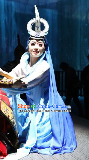 Chinese Shapotou Celebration Hui Nationality Dance Blue Dress Ethnic Stage Performance Costume and Headpiece for Women