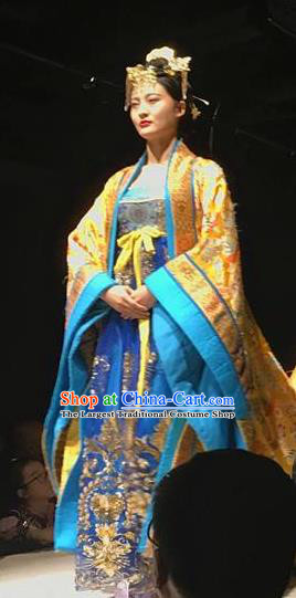 Chinese Encore Dunhuang Tang Dynasty Court Dance Golden Dress Stage Performance Costume and Headpiece for Women