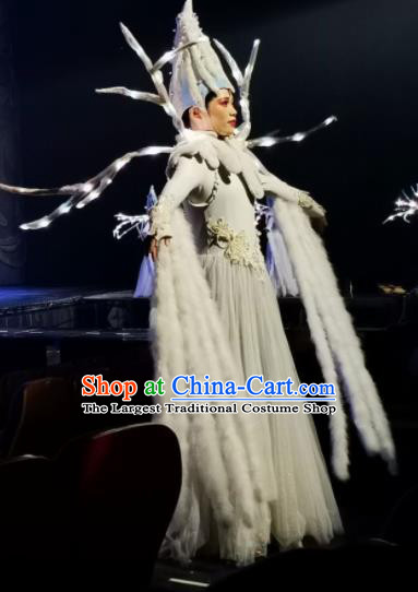 Chinese Picturesque Huizhou Classical Dance White Dress Stage Performance Costume and Headpiece for Women