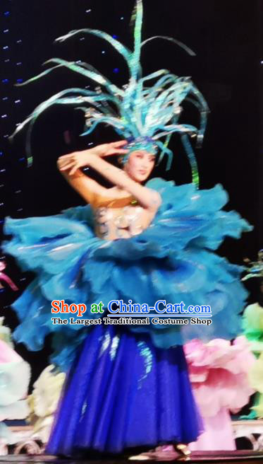 Chinese Picturesque Huizhou Classical Peony Dance Royalblue Dress Stage Performance Costume and Headpiece for Women