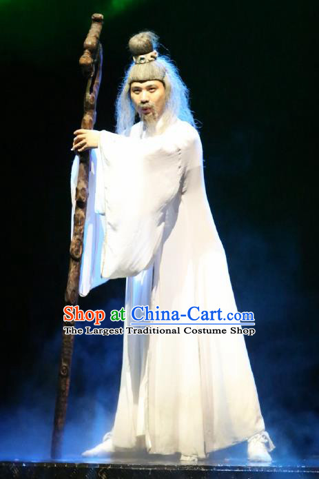 Chinese Picturesque Huizhou Opera Ancient Earth God White Clothing Stage Performance Dance Costume for Men