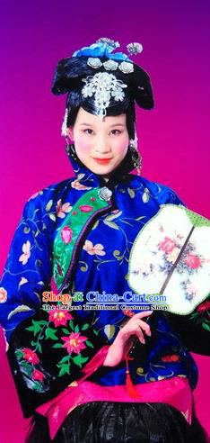 Chinese Picturesque Huizhou Fan Dance Blue Dress Stage Performance Costume and Headpiece for Women