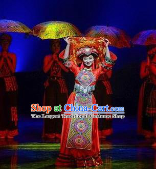 Chinese Charm Xiangxi Tujia Nationality Dance Wedding Red Dress Stage Performance Costume and Headpiece for Women