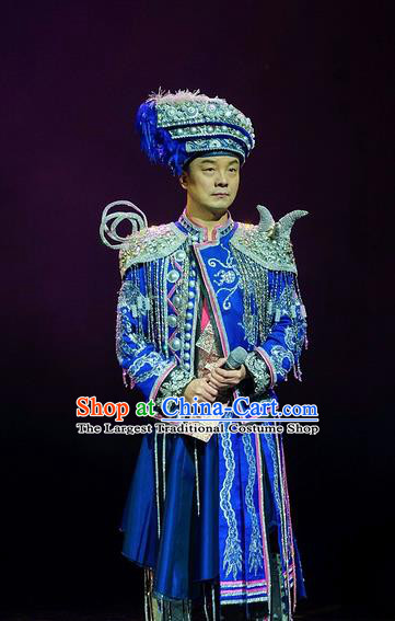 Chinese Charm Xiangxi Tujia Nationality Wedding Blue Clothing Stage Performance Dance Costume for Men