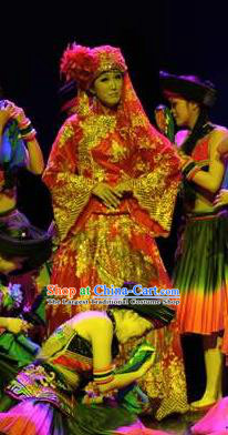 Chinese Charm Xiangxi Tujia Nationality Dance Wedding Dress Stage Performance Costume and Headpiece for Women