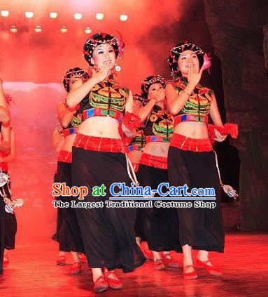 Chinese Charm Xiangxi Tujia Nationality Dance Black Dress Stage Performance Costume and Headpiece for Women