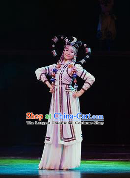 Chinese Oriental Apparel Mongol Nationality Dance White Dress Stage Performance Ethnic Costume and Headpiece for Women