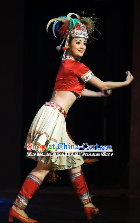 Chinese Oriental Apparel Tujia Nationality Dance Dress Stage Performance Ethnic Costume and Headpiece for Women