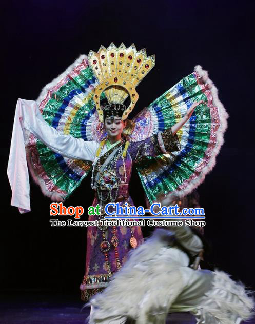 Chinese Oriental Apparel Zang Nationality Dance Purple Dress Stage Performance Ethnic Costume and Headpiece for Women