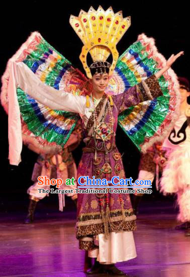 Chinese Oriental Apparel Zang Nationality Dance Purple Dress Stage Performance Ethnic Costume and Headpiece for Women
