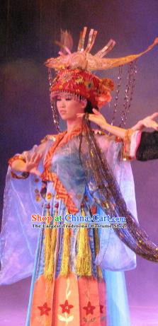 Chinese Oriental Apparel Dong Nationality Dance Blue Dress Stage Performance Costume and Headpiece for Women