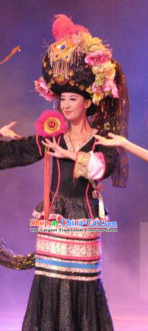 Chinese Oriental Apparel Qiang Nationality Dance Black Dress Stage Performance Costume and Headpiece for Women