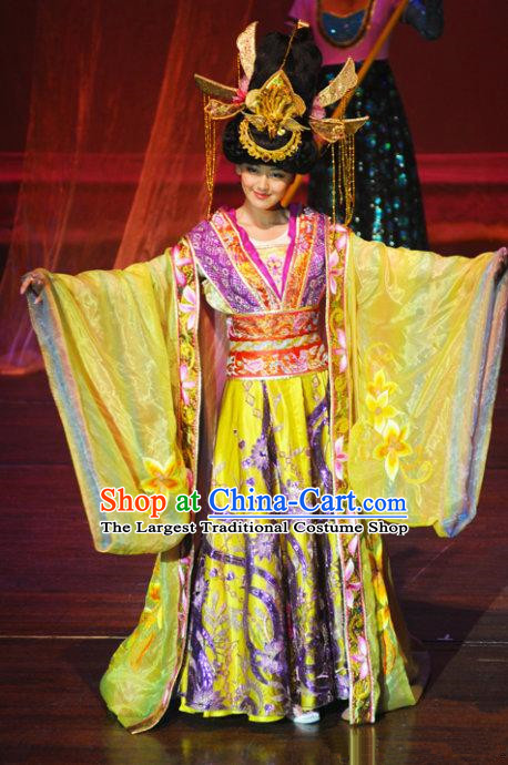 Chinese Oriental Apparel Court Queen Classical Dance Yellow Dress Stage Performance Costume and Headpiece for Women