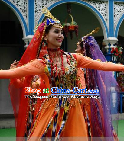 Chinese Oriental Apparel Ozbek Nationality Dance Orange Dress Stage Performance Costume and Headpiece for Women
