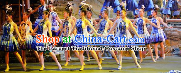 Chinese Border Town Miao Nationality Folk Dance Blue Dress Stage Performance Costume and Headpiece for Women