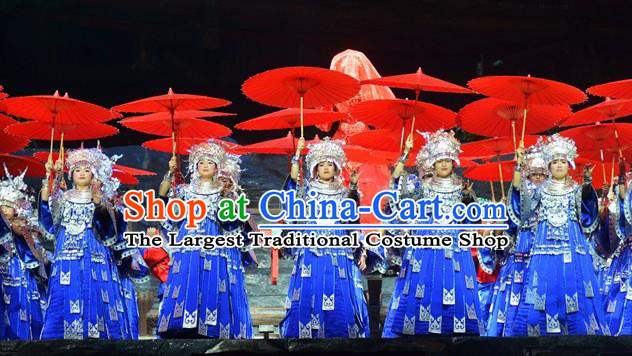 Chinese Border Town Miao Nationality Dance Wedding Blue Dress Stage Performance Costume and Headpiece for Women