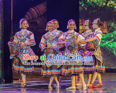 Chinese Charm Xiangxi Tujia Nationality Folk Dance Brown Dress Stage Performance Costume and Headpiece for Women