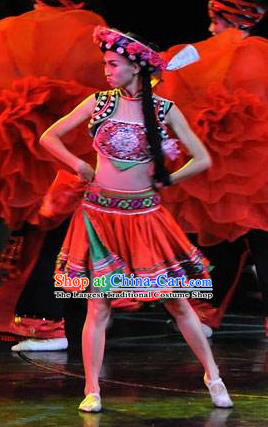 Chinese Charm Xiangxi Tujia Nationality Folk Dance Dress Stage Performance Costume and Headpiece for Women