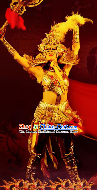 Chinese Golden Mask Dynasty Female Warrior Dance Dress Stage Performance Costume and Headpiece for Women