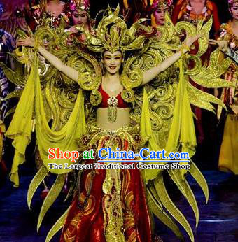 Chinese Golden Mask Dynasty Queen Dance Red Dress Stage Performance Costume and Headpiece for Women
