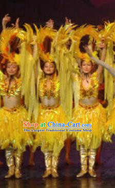 Chinese Golden Mask Dynasty Classical Dance Yellow Dress Stage Performance Costume and Headpiece for Women