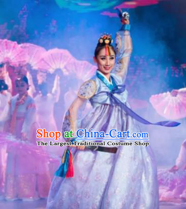 Chinese Oriental Apparel Korean Nationality Dance Blue Dress Stage Performance Costume and Headpiece for Women