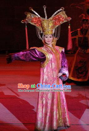 Chinese Dragon Phoenix Dance Mongol Nationality Pink Dress Stage Performance Costume and Headpiece for Women