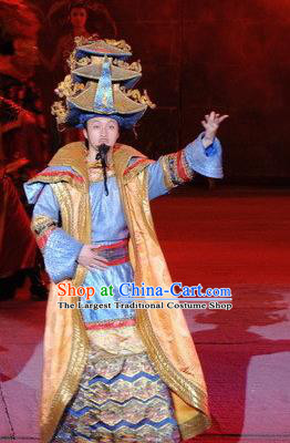 Chinese Dragon Phoenix Dance Mongol Nationality Blue Clothing Stage Performance Dance Costume for Men