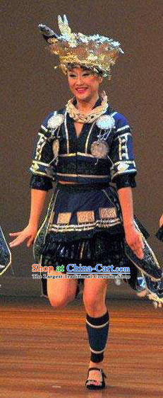 Chinese Wind Of Colorful Guizhou Miao Nationality Ethnic Dance Navy Dress Stage Performance Costume and Headpiece for Women