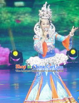 Chinese Wind Of Colorful Guizhou Dong Nationality Ethnic Dance Dress Stage Performance Costume and Headpiece for Women