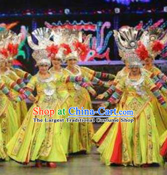 Chinese Wind Of Colorful Guizhou Miao Nationality Ethnic Dance Yellow Dress Stage Performance Costume and Headpiece for Women