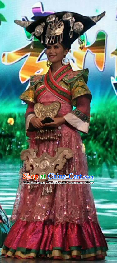 Chinese Wind Of Colorful Guizhou Miao Nationality Ethnic Dance Wedding Dress Stage Performance Costume and Headpiece for Women