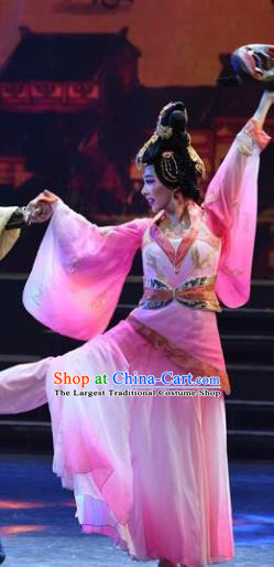 Chinese Han Wind Float In The Sky Han Dynasty Classical Dance Pink Dress Stage Performance Costume and Headpiece for Women