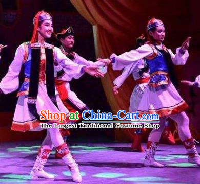 Chinese Saihan Tara Mongol Nationality Dance White Dress Stage Performance Costume and Headpiece for Women