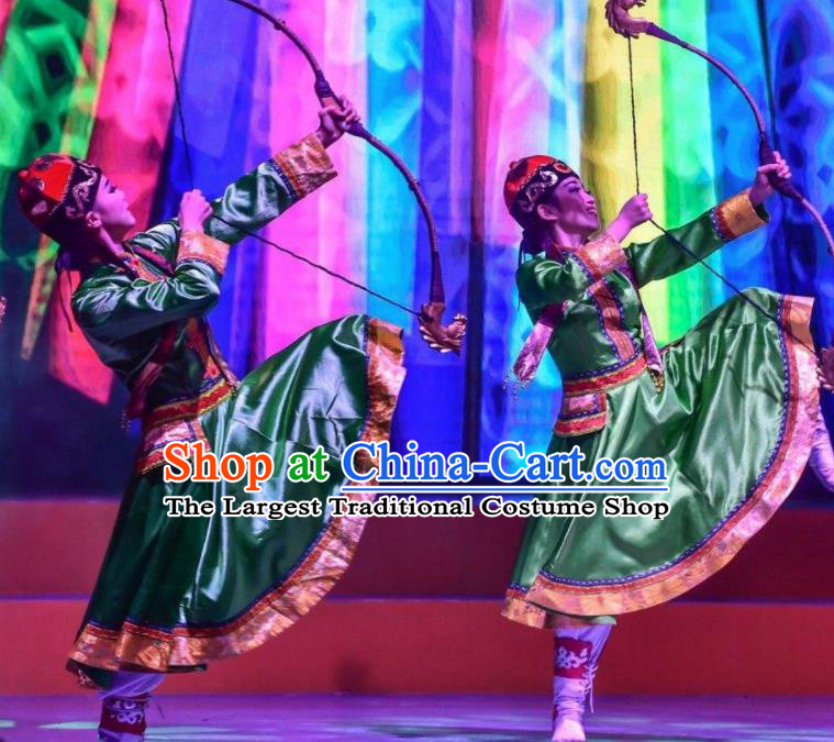 Chinese Saihan Tara Mongol Nationality Dance Green Dress Stage Performance Costume and Headpiece for Women