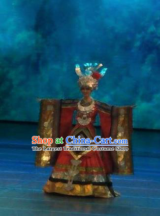 Chinese Wind Of Colorful Guizhou Miao Nationality Dance Dress Stage Performance Costume and Headpiece for Women