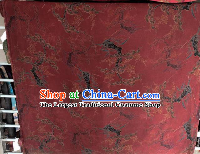 Traditional Chinese Classical Pine Plum Pattern Dark Red Gambiered Guangdong Gauze Silk Fabric Ancient Hanfu Dress Silk Cloth