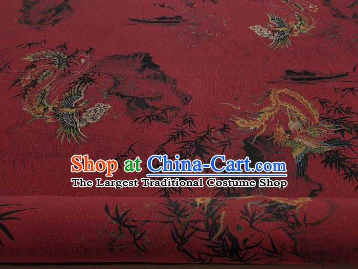 Traditional Chinese Classical Bamboo Phoenix Pattern Dark Red Gambiered Guangdong Gauze Silk Fabric Ancient Hanfu Dress Silk Cloth