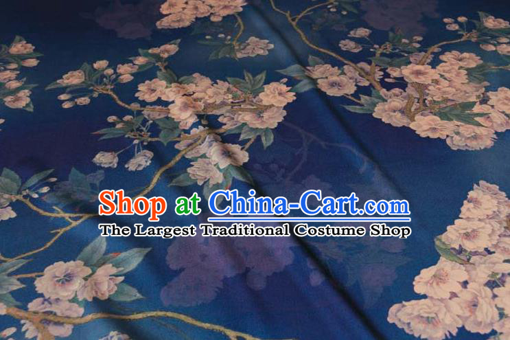 Traditional Chinese Classical Pear Flowers Pattern Blue Gambiered Guangdong Gauze Silk Fabric Ancient Hanfu Dress Silk Cloth