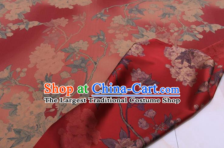 Traditional Chinese Classical Pear Flowers Pattern Red Gambiered Guangdong Gauze Silk Fabric Ancient Hanfu Dress Silk Cloth