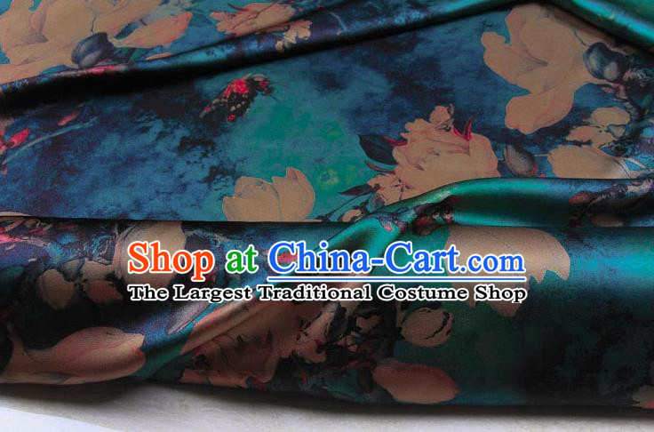 Traditional Chinese Classical Yulan Magnolia Pattern Blue Gambiered Guangdong Gauze Silk Fabric Ancient Hanfu Dress Silk Cloth