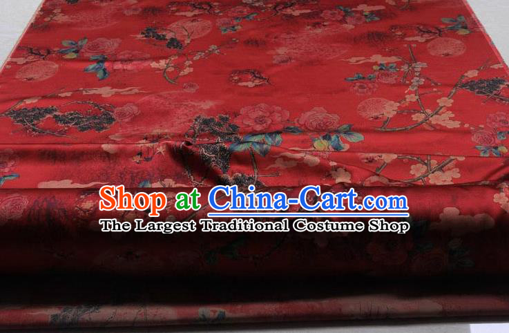 Traditional Chinese Classical Peony Plum Pattern Red Gambiered Guangdong Gauze Silk Fabric Ancient Hanfu Dress Silk Cloth