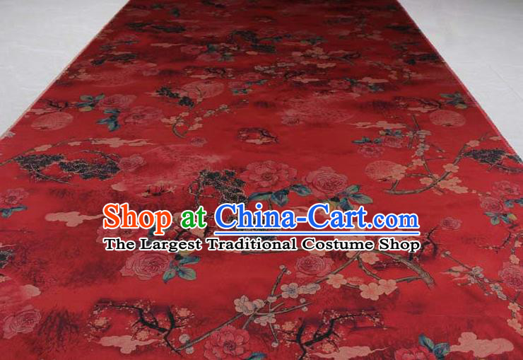 Traditional Chinese Classical Peony Plum Pattern Red Gambiered Guangdong Gauze Silk Fabric Ancient Hanfu Dress Silk Cloth