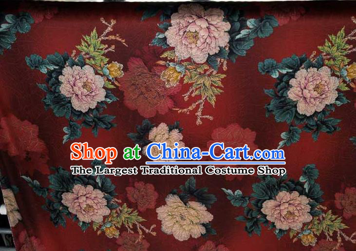 Traditional Chinese Classical Peony Pattern Deep Red Gambiered Guangdong Gauze Silk Fabric Ancient Hanfu Dress Silk Cloth