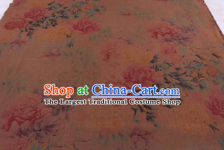 Traditional Chinese Classical Peony Pattern Brown Gambiered Guangdong Gauze Silk Fabric Ancient Hanfu Dress Silk Cloth