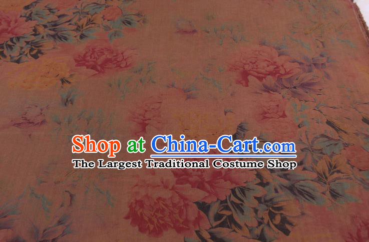 Traditional Chinese Classical Peony Pattern Brown Gambiered Guangdong Gauze Silk Fabric Ancient Hanfu Dress Silk Cloth