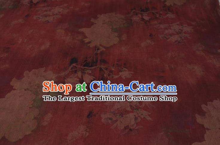 Traditional Chinese Classical Peony Pattern Dark Red Gambiered Guangdong Gauze Silk Fabric Ancient Hanfu Dress Silk Cloth